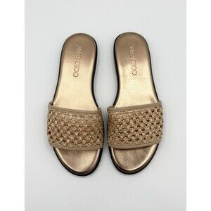 Jimmy Choo Gold Leather and Raffia Flat Slides Sandals Minea Flat EU 36